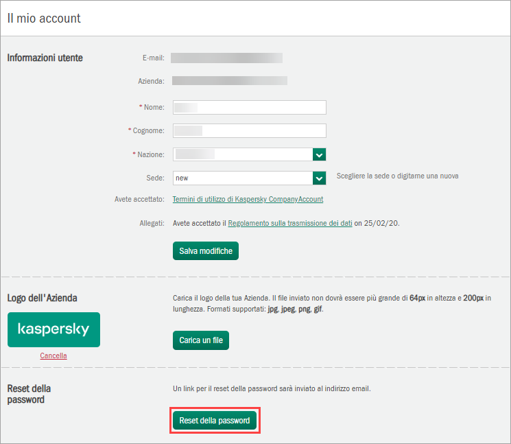 Reimpostazione di una password in Kaspersky CompanyAccount