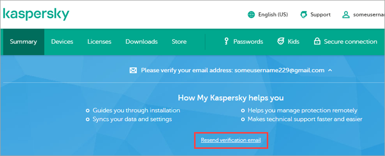 Notifica in My Kaspersky per l'invio di una nuova e-mail