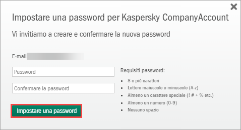 Creazione di una password in Kaspersky CompanyAccount