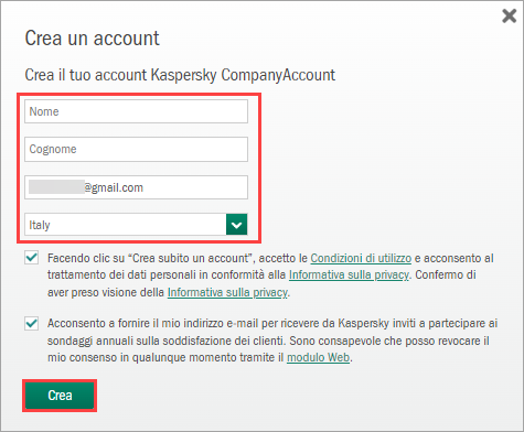 Creazione di un account per un nuovo utente Kaspersky CompanyAccount