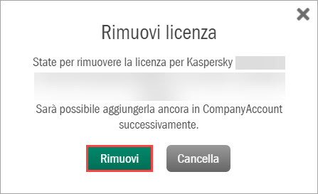 Conferma della rimozione di una licenza in Kaspersky CompanyAccount