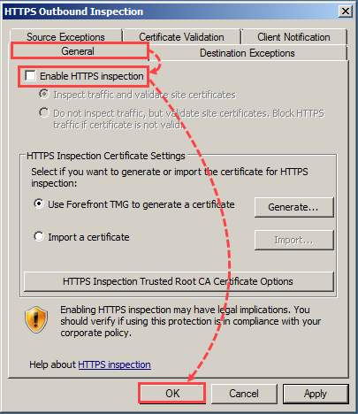 Disabilitazione dell'ispezione HTTPS in Forefront TMG