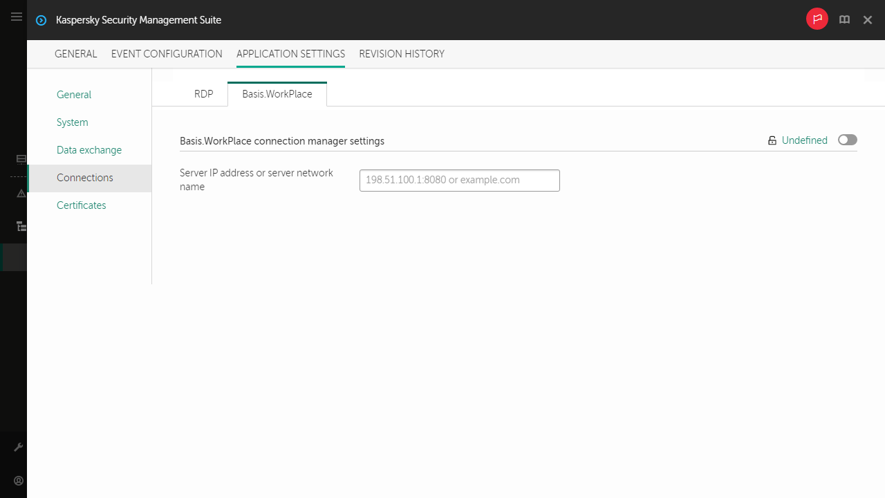 Screenshot of configuring settings for connecting to a remote desktop managed by Basis.WorkPlace for a group of devices.
