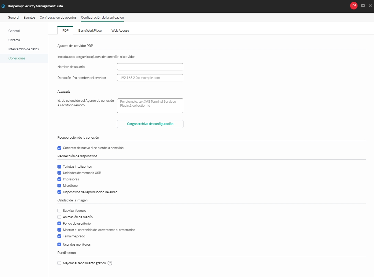 Ventana para configurar mediante Web Console los ajustes que se usarán en un dispositivo para conectarse a un escritorio remoto por RDP.