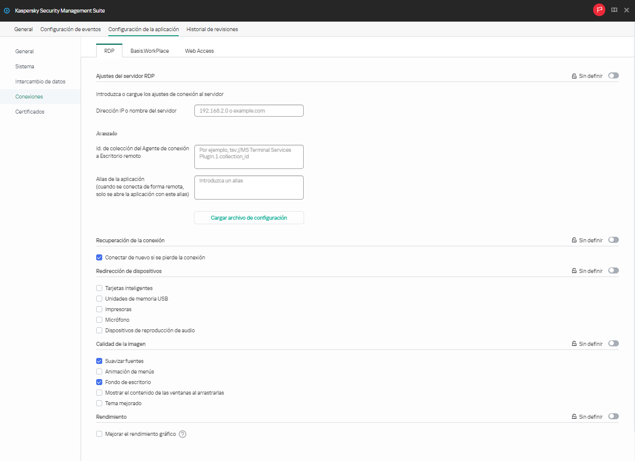 Ventana para configurar mediante Web Console los ajustes que se usarán en un grupo de dispositivos para conectarse a un escritorio remoto por RDP