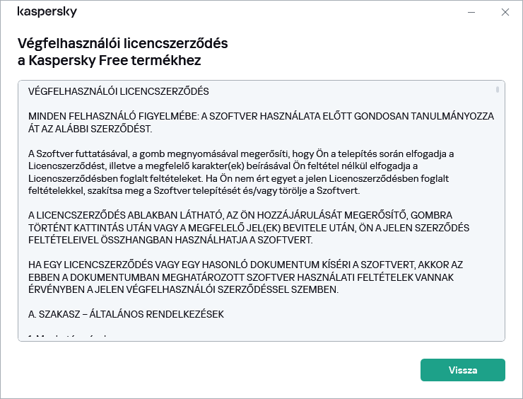 A Végfelhasználói licencszerződés szövegét tartalmazó ablak