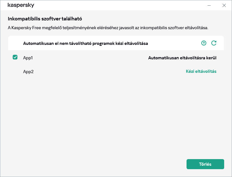 Ablak az inkompatibilis alkalmazások listájával