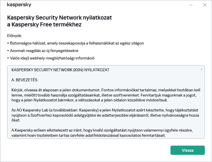A Kaspersky Security Network nyilatkozat elfogadási ablaka