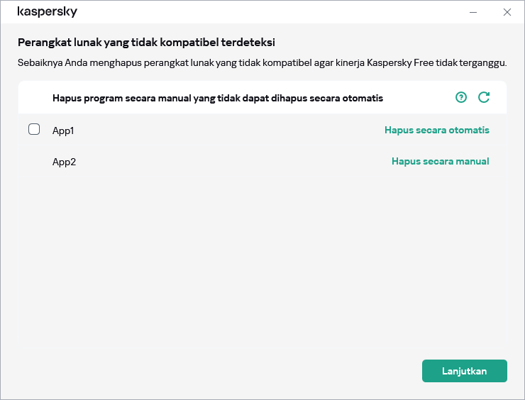 Jendela dengan daftar aplikasi yang tidak kompatibel