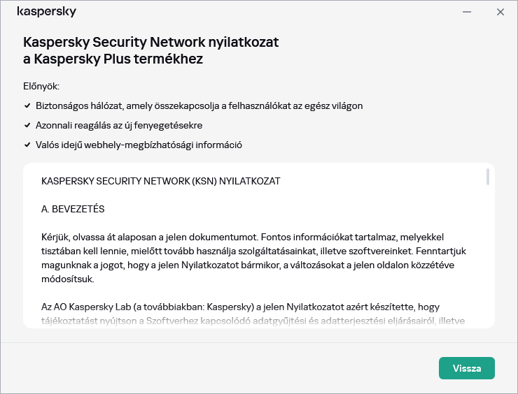 A Kaspersky Security Network nyilatkozat elfogadási ablaka