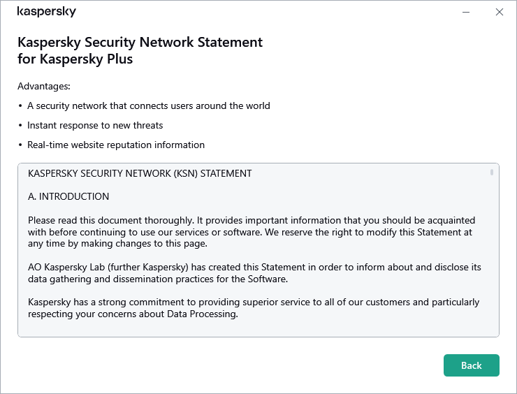 A Kaspersky Security Network nyilatkozat elfogadási ablaka