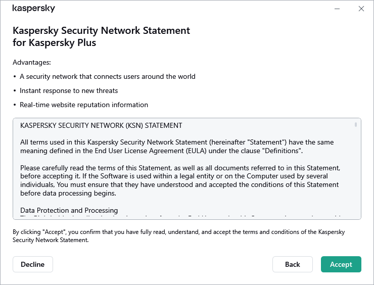 A GDPR Kaspersky Security Network nyilatkozat elfogadási ablaka