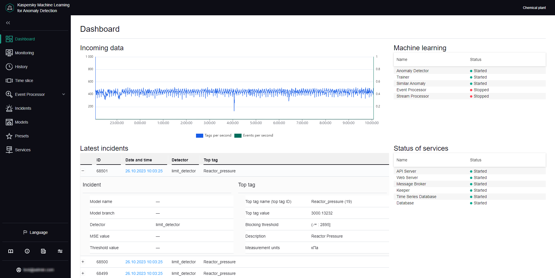 The window of the Dashboard section contains information about the number of incoming events and tags, the last registered incidents, and the status of the services.