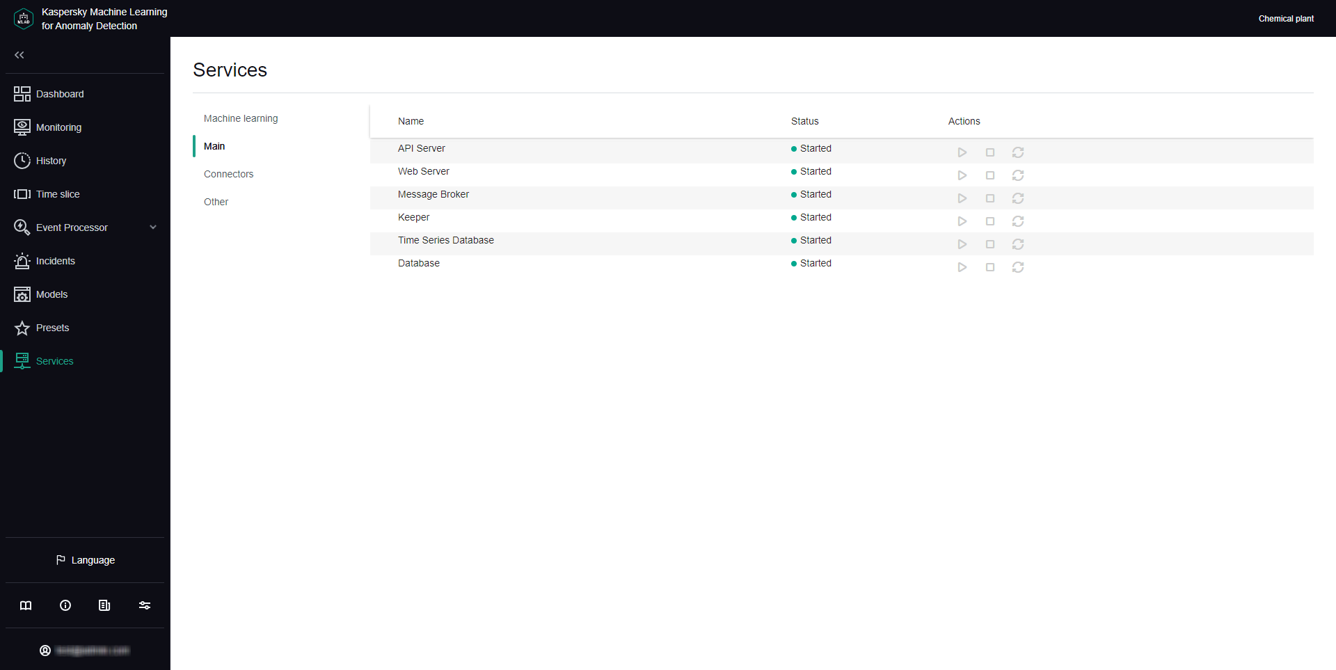 The window of the Services section contains a table with the information on the services and their statuses.