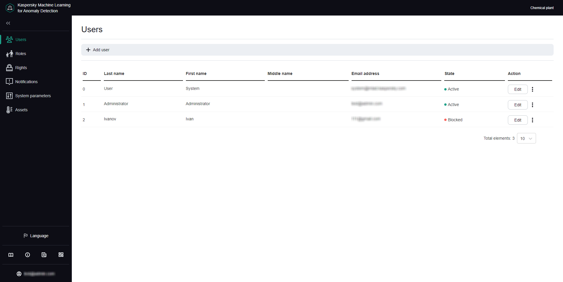 The window of the Users section contains a table with user accounts.